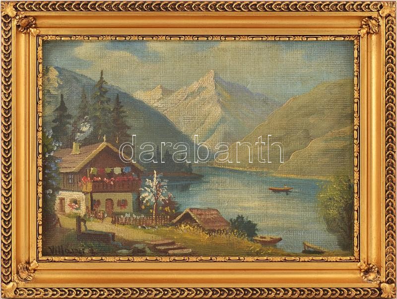 Villányi J. jelzéssel: Alpesi tájkép. Olaj, vászon. Sérült! 24x33cm