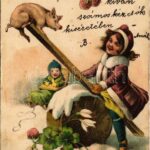 Boldog Újévet! / New Year greeting art postcard with pig, mushroom and clovers. litho (EB)