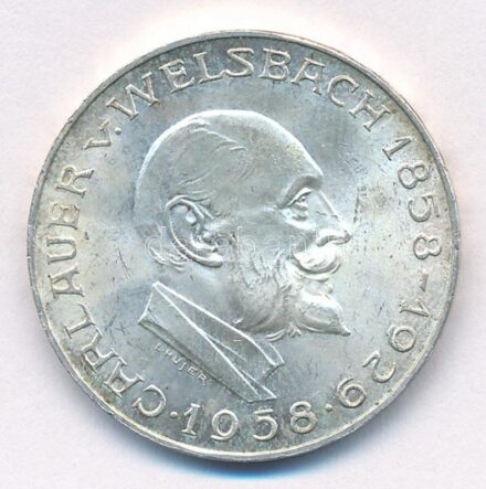 Ausztria 1958. 25Sch Ag 'Carl Auer von Welsbach' T:2 patina, kis ph Austria 1958. 25 Schilling Ag 'Carl Auer von Welsbach' C:XF patina, small edge error Krause KM#2884