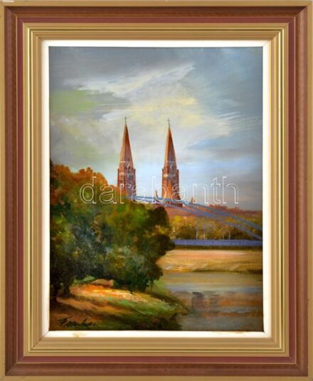 Farkas Gyula (1946-) Szegedi látkép. Olaj, farost, jelzett, keretben 38x27 cm