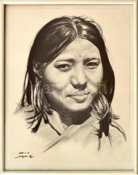Suhajda E. jelzéssel: Indián lány. ceruza, papír, jelzett, keretben 36x28 cm