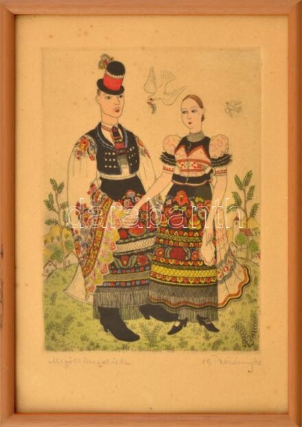 Pekáry István (1905-19819): Mezőkövesdiek. Rézkarc, akvarell, papír. Jelzett. 21x15,5 cm