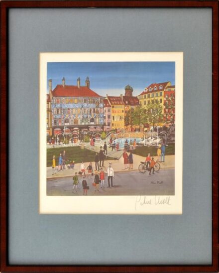 Petra Moll (1921-1989): Vasárnap. Ofszet, papír, jelzett. Üvegezett keretben 18x19 cm