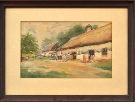 Olvashatatlan jelzéssel: Falusi ház. Akvarell,papír üvegezett keretben 30x22 cm