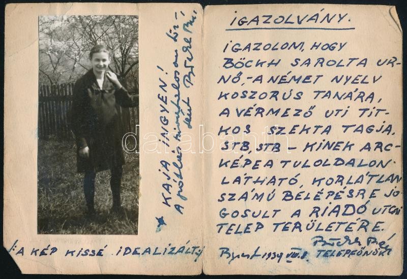 cca 1940 Humoros 'igazolvány' Vérmező úti szektatag számára