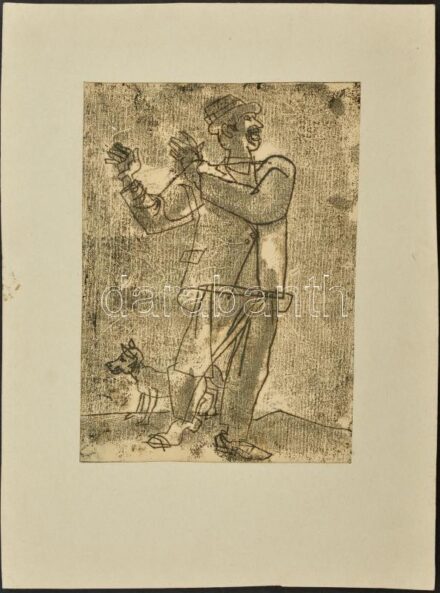 Csohány Kálmán (1925-1980): Furulyás. Monotípia, papír, 27x19 cm
