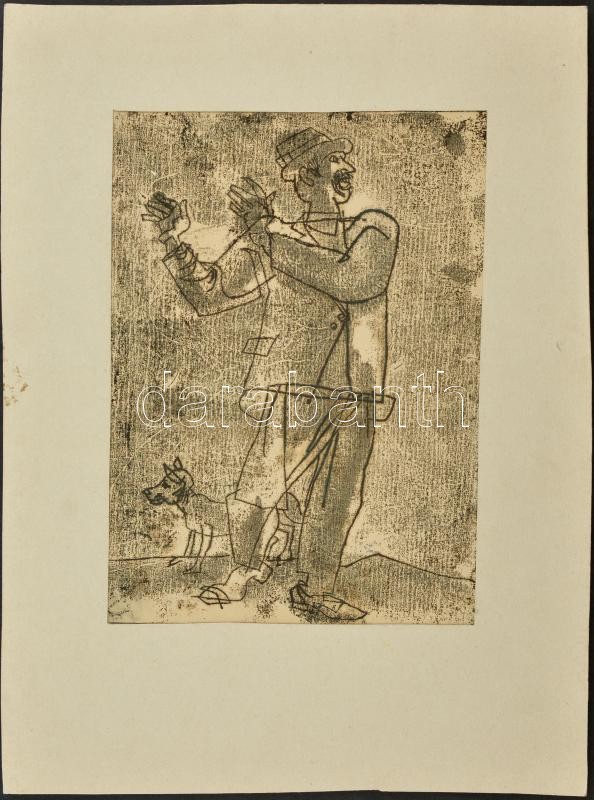 Csohány Kálmán (1925-1980): Furulyás. Monotípia, papír, 27x19 cm