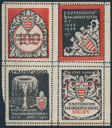 1944 Esztergomi takarékpénztár levélzáró négyes kisív (hiányos ívszél)