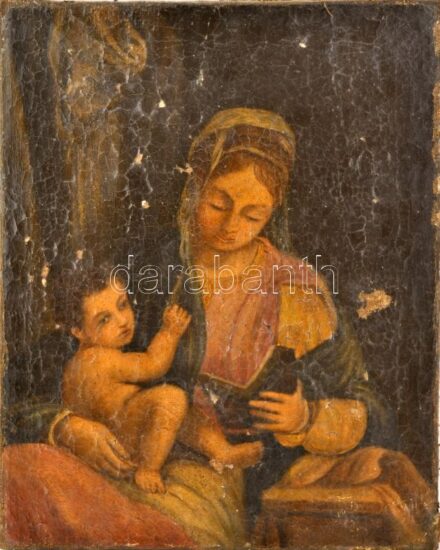Jelzés nélkül: Madonna a kis deddel. Olaj, vászon, erősen sérült, 47x34cm