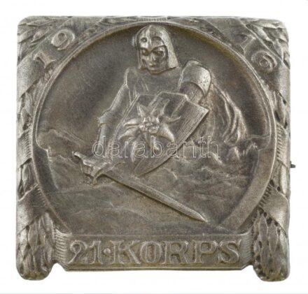 Osztrák-Magyar Monarchia 1916. '21. Hadtest' ezüstözött tombak sapkajelvény. 'ENTW LTN H. BERTLI AUSGEF ATEL GUBSCHNER WIEN VII/2 (TERVEZTE H. BERTLI HADNAGY. KÉSZÍTETTE GUBSCHNER, BÉCS VII/2)' (30x30mm) T:1- Austro-Hungarian Monarchy