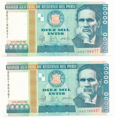 Peru 1988. 10.000I (2x) 'A 6018647 T - A 6018648 T' sorszámkövetők T:I,I- Peru 1988. 10.000 Intis (2x) 'A 6018647 T - A 6018648 T' consecutive serials C:UNC,AU Krause P#140