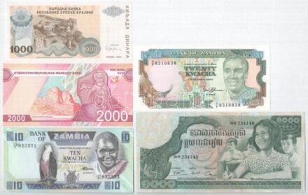 5db-os vegyes külföldi bankjegy tétel, közte Horvátország / Krajnai Szerb Köztársaság, Kambodzsa, Üzbegisztán, Zambia T:I,I- 5pcs of mixed foreign banknote lot, in it Croatia / Serb Republic of Krajina, Cambodia, Uzbekistan, Zambia