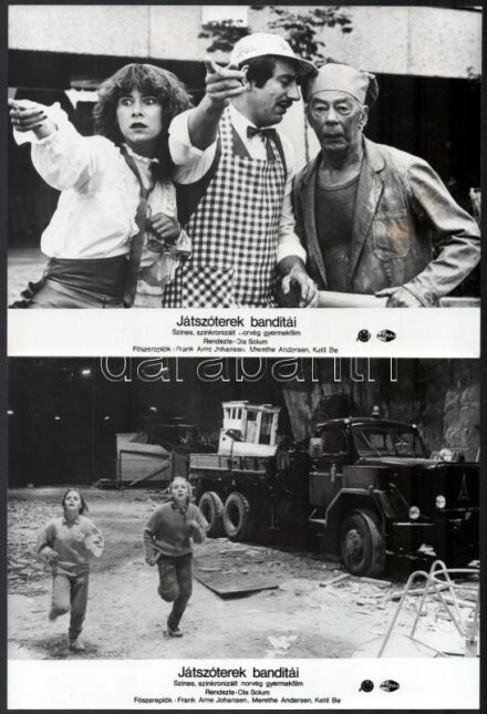 cca 1985 ,,Játszóterek banditái' című norvég film jelenetei és szereplői, 5 db vintage produkciós filmfotó, ezüst zselatinos fotópapíron, a használatból eredő (esetleges) kisebb hibákkal, 18x24 cm