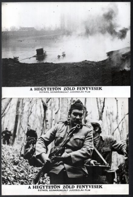 cca 1971 ,,A hegytetőn zöld fenyvesek' című jugoszláv film jelenetei és szereplői, 11 db vintage produkciós filmfotó, ezüst zselatinos fotópapíron, a használatból eredő (esetleges) kisebb hibákkal, 18x24 cm