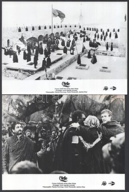 cca 1986 Franco Zeffirelli ,,Othello' című olasz filmjének jelenetei és szereplői, 6 db vintage produkciós filmfotó, ezüst zselatinos fotópapíron, a használatból eredő (esetleges) kisebb hibákkal, 18x24 cm