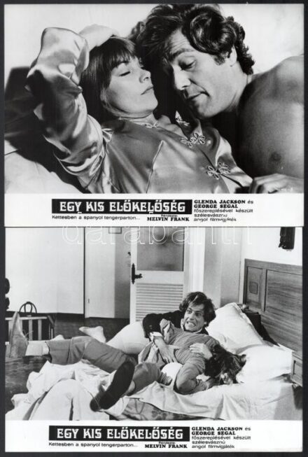 cca 1973 ,,Egy kis előkelőség - kettesben a spanyol tengerparton' című angol filmvígjáték jelenetei és szereplői, 7 db vintage produkciós filmfotó, ezüst zselatinos fotópapíron, a használatból eredő (esetleges) kisebb hibákkal,