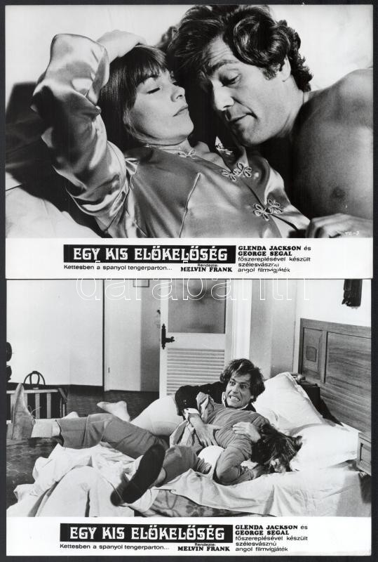 cca 1973 ,,Egy kis előkelőség - kettesben a spanyol tengerparton' című angol filmvígjáték jelenetei és szereplői, 7 db vintage produkciós filmfotó, ezüst zselatinos fotópapíron, a használatból eredő (esetleges) kisebb hibákkal,