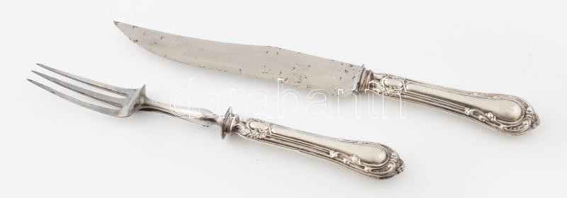 Ezüst (Ag) nyelű sültes kínáló, jelzett, dobozban, h: 28-32 cm - Image 2