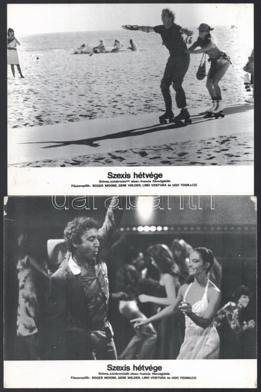 cca 1982 ,,Szexis hétvége' című olasz - francia film jelenetei és szereplői (köztük Roger Moore, Gene Wilder, Lino Ventura, Ugo Tognazzi), 11 db produkciós filmfotó, nyomdatechnikával sokszorosítva, egyoldalas nyomással, kartonlapokon, - Image 2