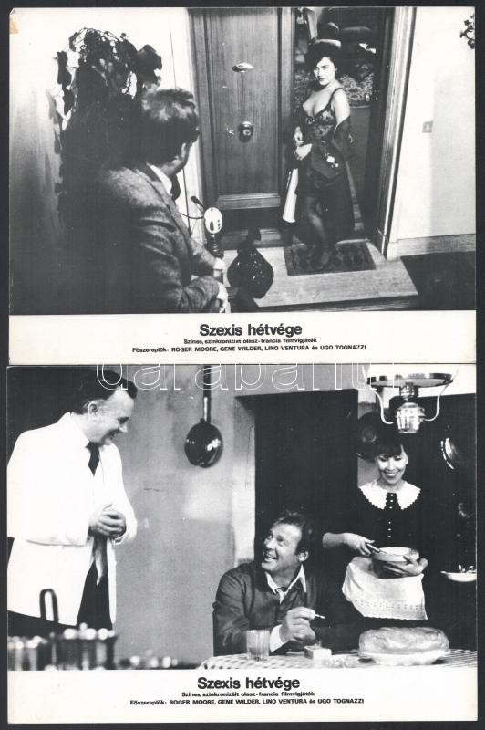 cca 1982 ,,Szexis hétvége' című olasz - francia film jelenetei és szereplői (köztük Roger Moore, Gene Wilder, Lino Ventura, Ugo Tognazzi), 11 db produkciós filmfotó, nyomdatechnikával sokszorosítva, egyoldalas nyomással, kartonlapokon, - Image 3