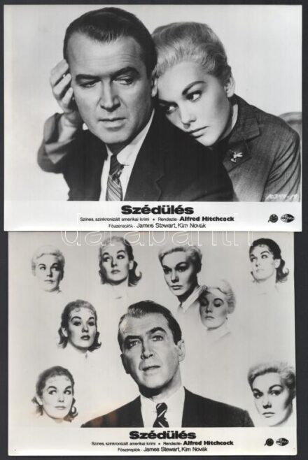 cca 1958 Alfred Hitchcock ,,Szédülés' című amerikai filmjének jelenetei és szereplői, 7 db produkciós filmfotó, ezüst zselatinos fotópapíron, a használatból eredő (esetleges) kisebb hibákkal, 18x24 cm
