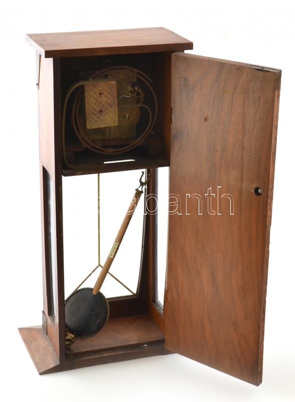 Felesütős, ingajáratos falióra, festett fém számlappal, működő, jó állapotban, kulccsal, fa tokkal 50 cm - Image 3