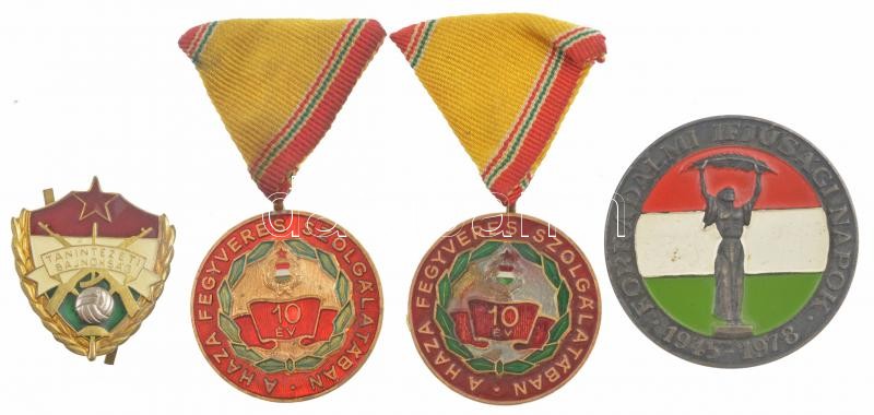 ~1960-1970. 'Tanintézeti Bajnokság' zománcozott fém jelvény (~36x32mm) + 1965. 'Szolgálati Érdemérem - A Haza Fegyveres Szolgálatában 10 év' zománcozott kitüntetés mellszalagon (2x) + 1978. 'Forradalmi Ifjúsági Napok' festett fém