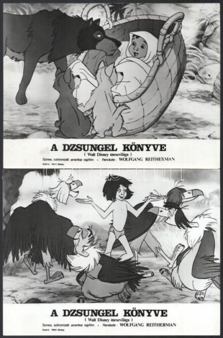 cca 1967 ,,A dzsungel könyve - Walt Disney mesevilága' című amerikai rajzfilm jelenetei, 17 db vintage produkciós filmfotó, ezüst zselatinos fotópapíron, a használatból eredő (esetleges) kisebb hibákkal, 18x24 cm