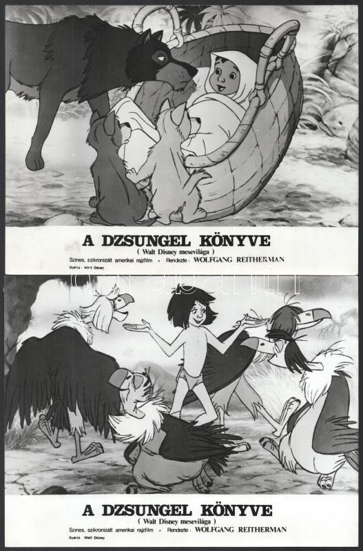 cca 1967 ,,A dzsungel könyve - Walt Disney mesevilága' című amerikai rajzfilm jelenetei, 17 db vintage produkciós filmfotó, ezüst zselatinos fotópapíron, a használatból eredő (esetleges) kisebb hibákkal, 18x24 cm