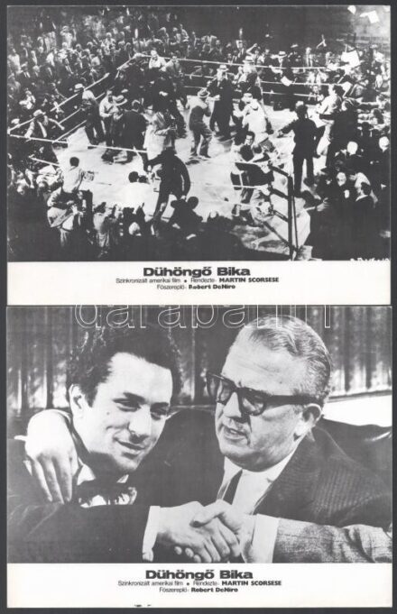 cca 1980 ,,A dühöngő bika' című amerikai film jelenetei és szereplői (köztük Robert DeNiro), 10 db produkciós filmfotó, nyomdatechnikával sokszorosítva, egyoldalas nyomással, kartonlapokon, a használatból eredő (esetleges) kisebb