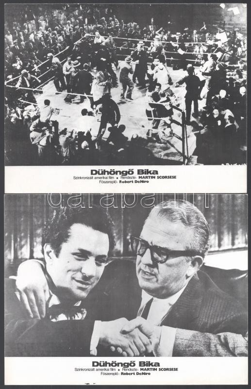 cca 1980 ,,A dühöngő bika' című amerikai film jelenetei és szereplői (köztük Robert DeNiro), 10 db produkciós filmfotó, nyomdatechnikával sokszorosítva, egyoldalas nyomással, kartonlapokon, a használatból eredő (esetleges) kisebb