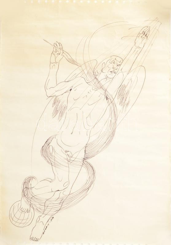 Erdei Sándor (1917-2002): Ikarosz (karikatúra), 1983. Toll, papír, jelzett. Feltekerve. 42x30 cm