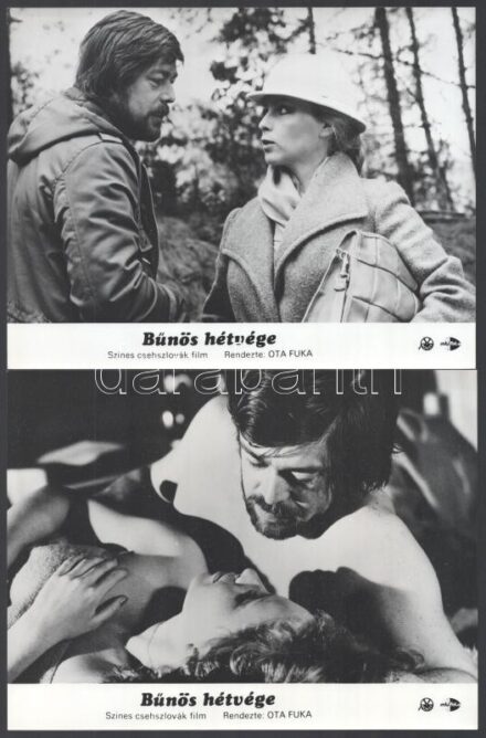 cca 1988 előtt készült a ,,Bűnös hétvége' című csehszlovák film jelenetei és szereplői, 6 db vintage produkciós filmfotó, ezüst zselatinos fotópapíron, a használatból eredő (esetleges) kisebb hibákkal, 18x24 cm