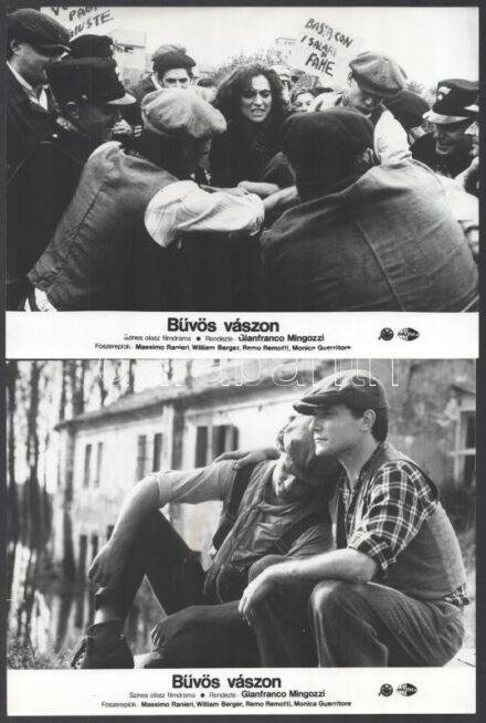 cca 1989 előtt készült a ,,Bűvös vászon' című olasz film jelenetei és szereplői, 5 db vintage produkciós filmfotó, ezüst zselatinos fotópapíron, a használatból eredő (esetleges) kisebb hibákkal, 18x24 cm