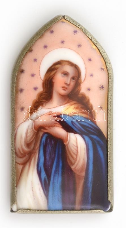 Kegytárgy, porcelán, alpakkába foglalva, Mária. m: 6 cm - Image 2