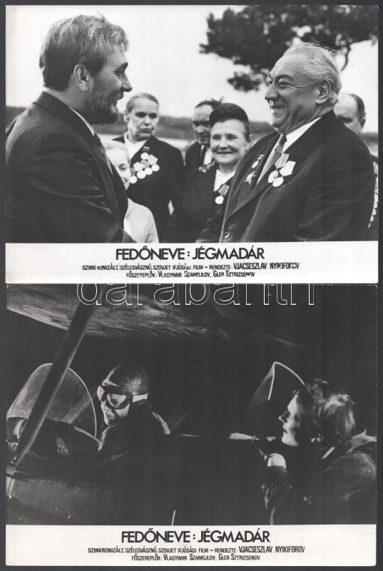 cca 1973 ,,Fedőneve: Jégmadár' című szovjet film jelenetei és szereplői, 19 db vintage produkciós filmfotó, ezüst zselatinos fotópapíron, a használatból eredő (esetleges) kisebb hibákkal, 18x24 cm