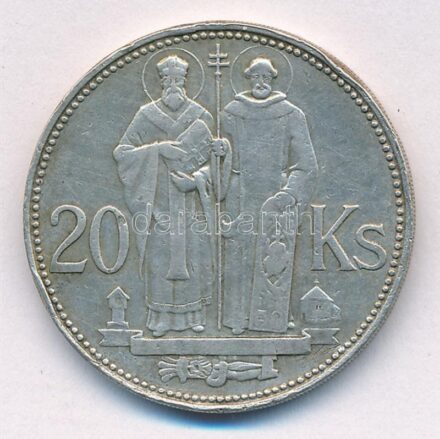 Szlovákia 1941. 20K Ag 'Cirill és Metód' T:2- patina, ph, karc Slovakia 1941. 20 Korun Ag 'St. Kyrill and St. Methodius' C:VF patina, edge error, scratch Krause KM#7.1