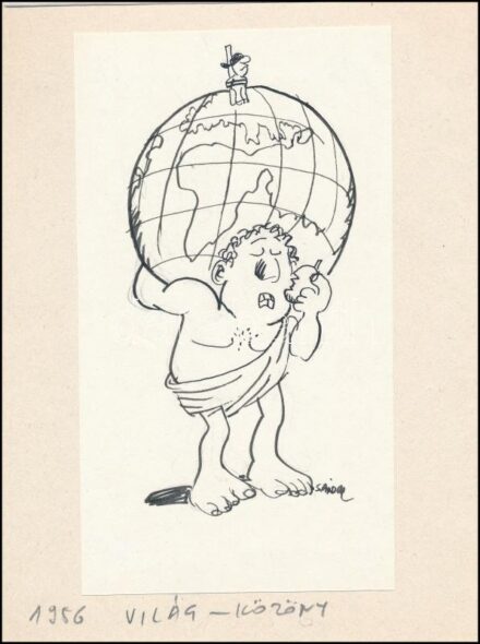 Sajdik Ferenc (1930-): 1956 Világ-közöny. Tus, papír, jelzett. Az Igazság c. lapban megjelent karikatúra, hátoldalán feliratozott. 17x9,5 cm.