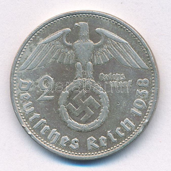 Német Harmadik Birodalom 1938B 2M Ag 'Hindenburg' T:2,2- patina, ph, karc German Third Reich 1938B 2 Mark Ag 'Hindenburg' C:XF,VF patina, edge error, scratch Krause KM#93 - Image 2