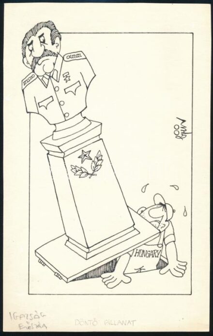 Balázs Piri Balázs (1937-2014): Döntő pillanat. Tus, papír, jelzett. Az Igazság c. lapban megjelent karikatúra, hátoldalán feliratozott. 21,5x13,5 cm.