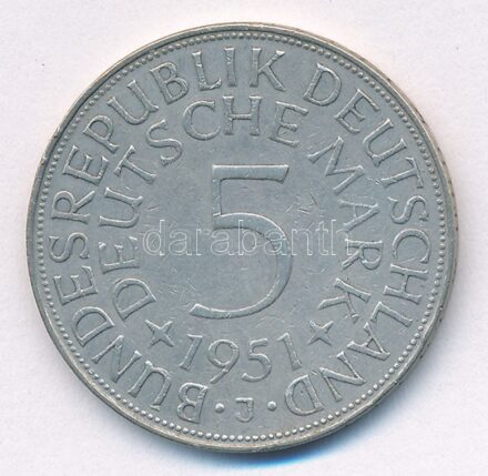 NSZK 1951J 5M Ag T:2,2- ph GFR 1951J 5 Mark Ag C:XF,VF edge error Krause KM#112