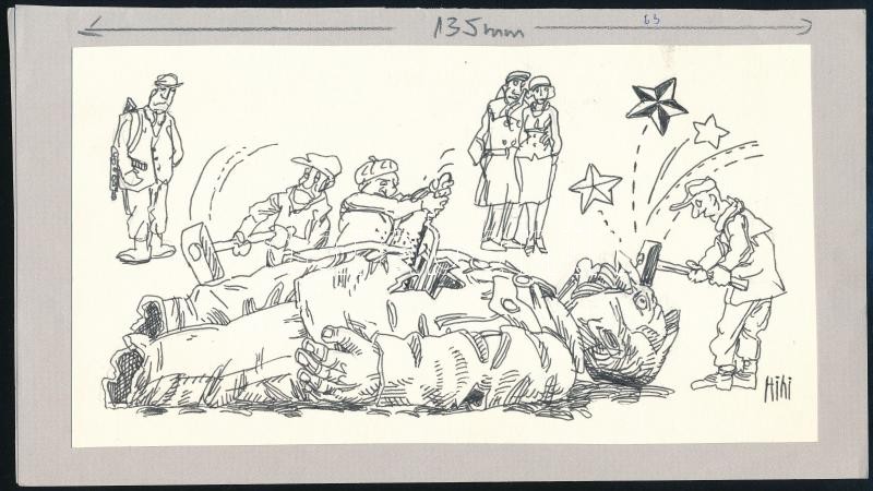 Hegedűs István (1932-2007): Bálvány-bontás. Filctoll, papír, jelzett. Az Igazság c. lapban megjelent karikatúra, hátoldalán feliratozott. 12x22 cm.