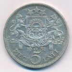 Lettország 1931. 5L Ag T:2,2- patina, ph Latvia 1931. 5 Lati Ag C:XF,VF patina, edge error Krause KM#9 - Image 2