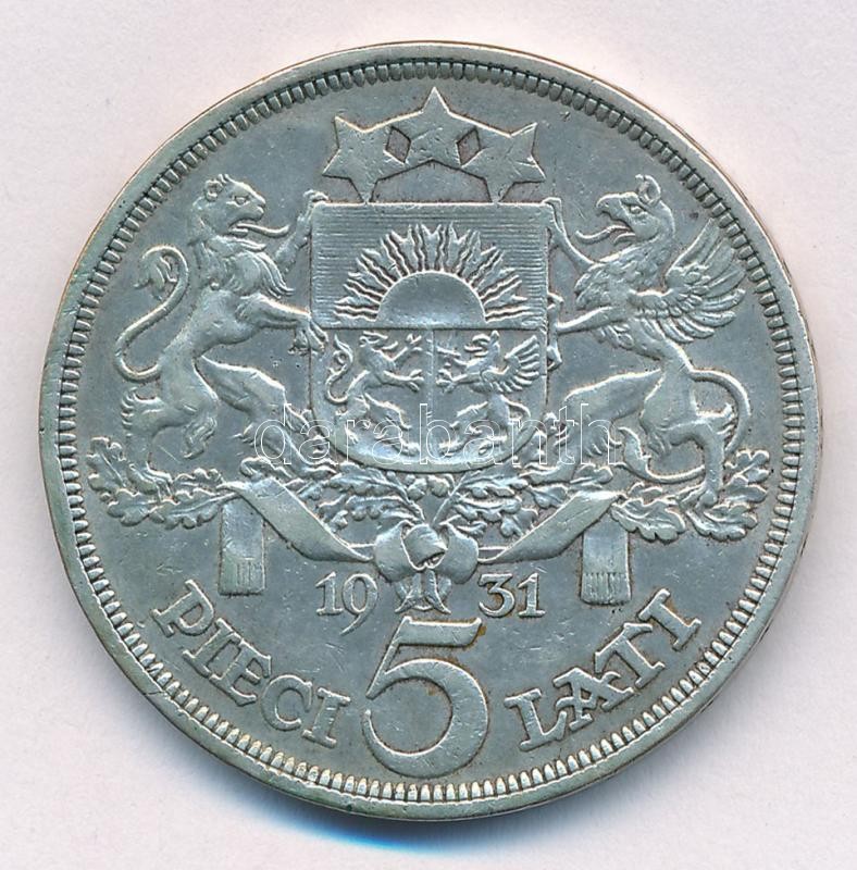 Lettország 1931. 5L Ag T:2,2- patina, ph Latvia 1931. 5 Lati Ag C:XF,VF patina, edge error Krause KM#9 - Image 2