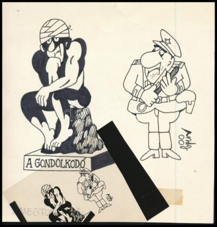 Balázs Piri Balázs (1937-2014): Megtorlás. Tus, papír, jelzett. Az Igazság c. lapban megjelent karikatúra, hátoldalán feliratozott és a művész bélyegzőjével. A laphoz ragasztva a karikatúra fóliára készült másolata. Lap tetején