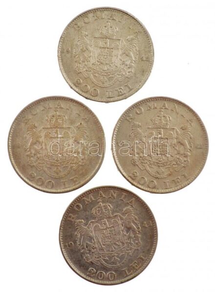 Románia 1942. 200L Ag 'I. Mihály' (4x) T:2,2- Romania 1942. 200 Lei Ag 'Mihai I' (4x) C:XF,VF Krause KM#63
