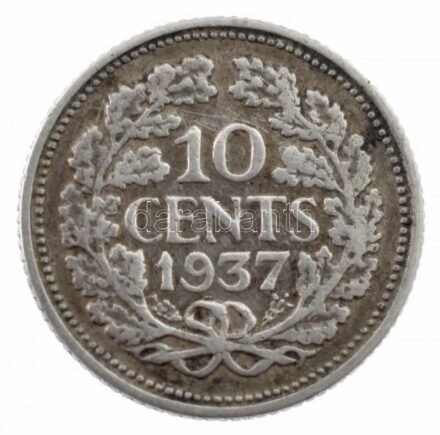 Hollandia 1937. 10c Ag 'I. Vilma' T:2,2- patina Netherlands 1937. 10 Cents Ag 'Wilhelmina' C:XF,VF patina Krause KM#163