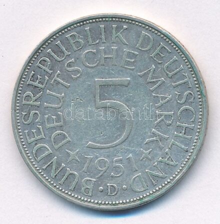 NSZK 1951D 5M Ag T:2- patina GFR 1951D 5 Mark Ag C:VF patina Krause KM#112