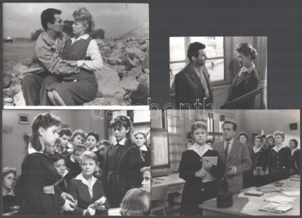 cca 1960 ,,Fapados szerelem' című film jelenetei és szereplői (köztük Krencsey Marianne, Zenthe Ferenc), 4 db vintage produkciós filmfotó, ezüstzselatinos fotópapíron, a Filmvilág szerkesztőségének pecsétjével, egyik képen Roszik