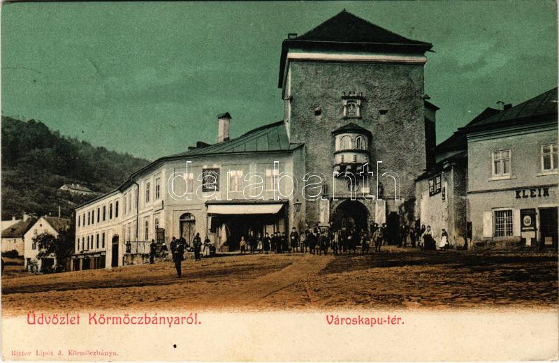 1907 Körmöcbánya, Kremnitz, Kremnica; Városkapu tér, Klein üzlete. Ritter Lipót J. kiadása / castle gate, square, shop